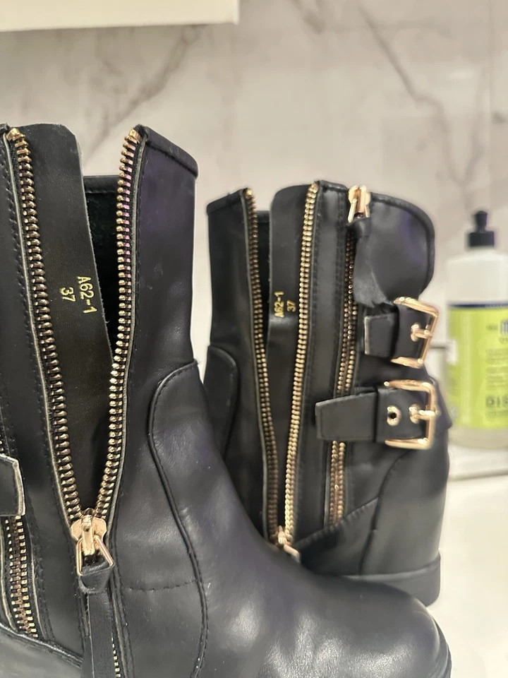 Giuseppe Zanotti Botas de Cuña Ocultas De Colección 37 Cuero Negro Dorado Hebilla con Cremallera Foto 4 de 4