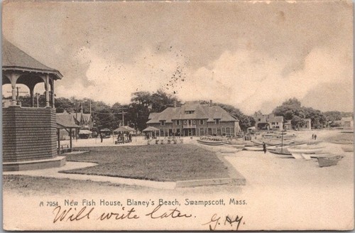 Swampscott, Massachusetts Postcard "New Fish House, Blaney's Beach" 1907 Cancel
