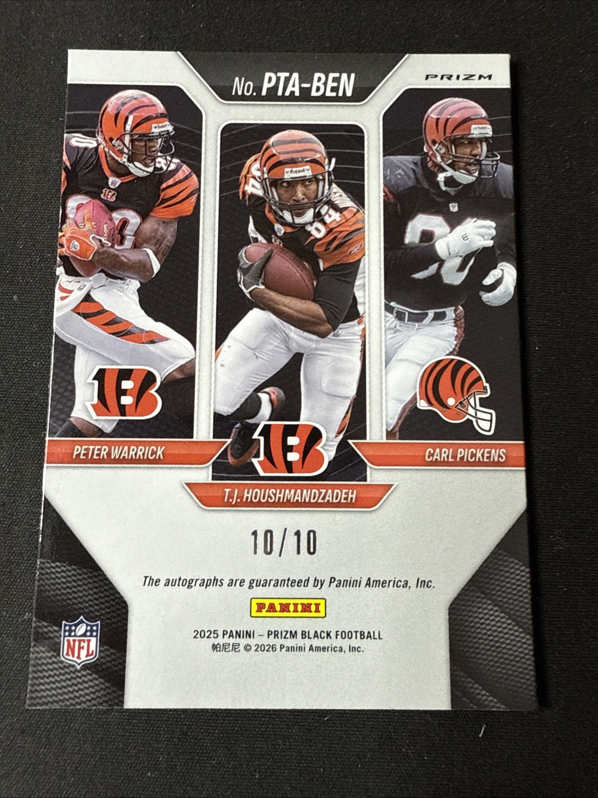 2025 Prizm Black Gold Triple Auto Warrick/Houshmanzadeh/Pickens 10/10 Bengals view 2