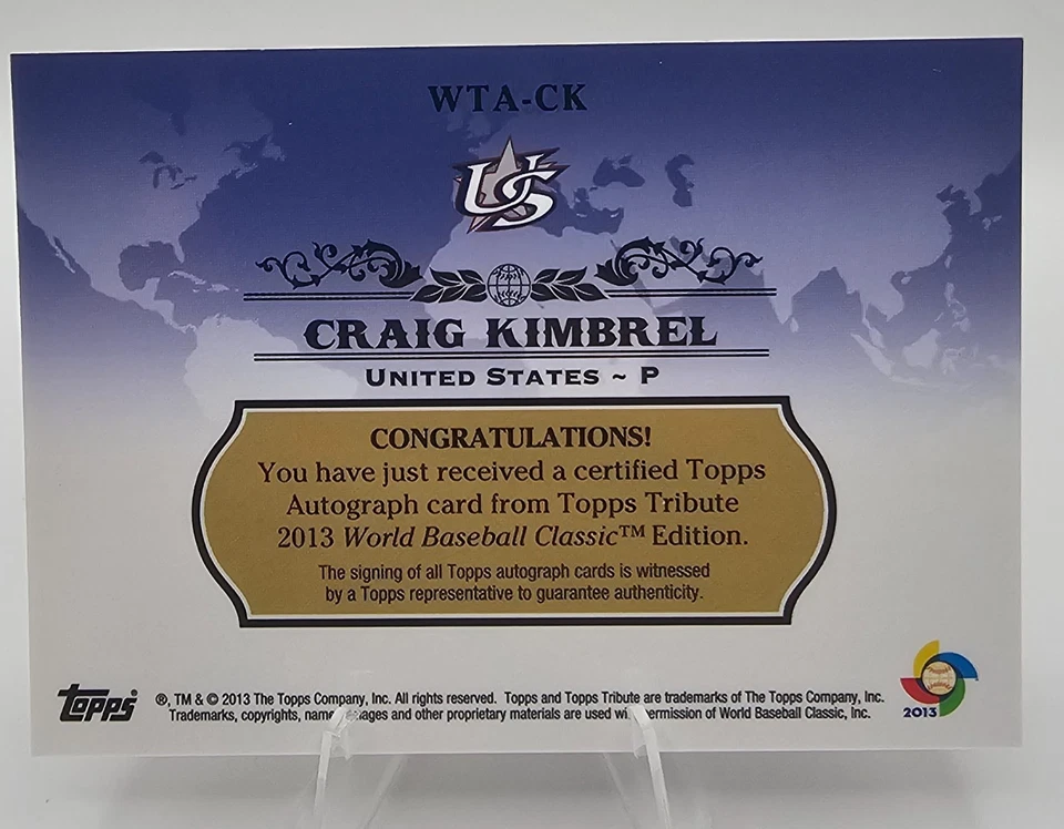2013 Topps Tribute Craig Kimbrel Auto Equipo de Estados Unidos Clásico Mundial de Béisbol Bravos AU Foto 2 de 2