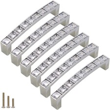 6Pcs Crystal Glass Drawer Pulls Knobs Handles Silver 3.8" Hole Zinc Alloy