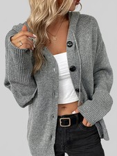 Women Drawstring Button Up Hooded Cardigan