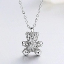 Elegant Silver Teddy Bear Rhinestone Pendant Necklace