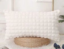 Faux Fur Decorative Long Lumbar Throw Pillow Covers 14 x 26,3D Plaid Pattern ...