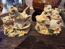 Vintage Collectable Ceramic Cat Figurine Ornament Set of 2 Cat In A Teacup Cat