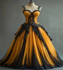 Fancy Victorian Gothic Wedding Dresses Orange And Black Spaghetti Straps