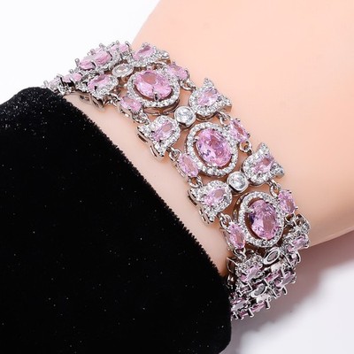 Pink Sapphire -Simulated, CZ 925 Sterling Silver Adjustable Bracelet 7-8'' B2015