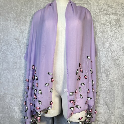 Women’s Silk Scarf Rose Buds Applique Beaded Wrap Lightweight Shawl 20x68 Fairy