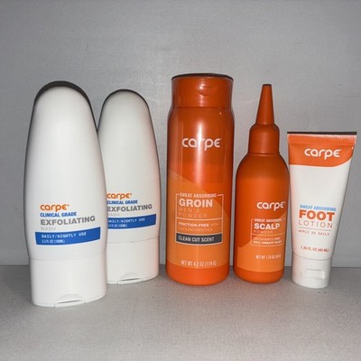 Lot Of 5-Carpe Products, Exfoliating Wash, Men's Powder,foot Lotion,Scalp Powder