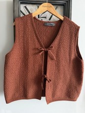 Primark Knitted Vest Size L 16 Tie Front Sleeveless Cardigan Brown Chunky Knit