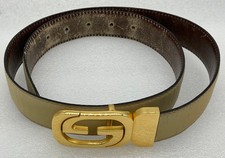 Vintage GUCCI Ivory / Brown Leather Reversible Gold Tone GG Belt Buckle Italy