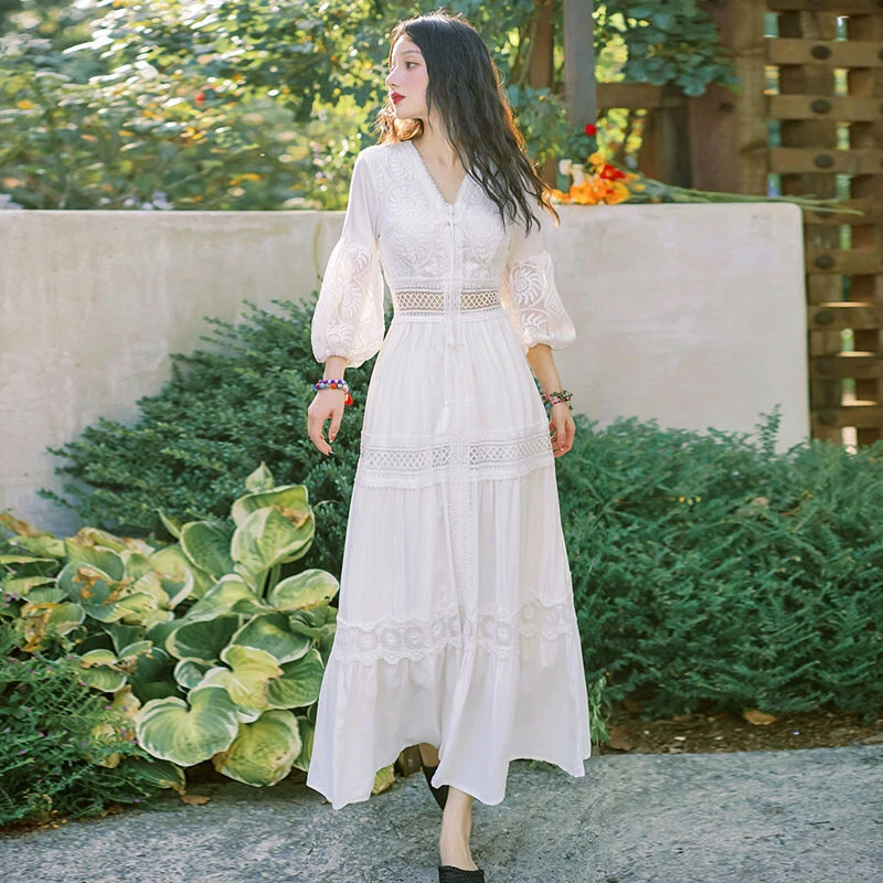 Lady V-Neck Long Sleeve Lace Dress Midi Beach Summer Boho Embroidery Swing  White | Ebay