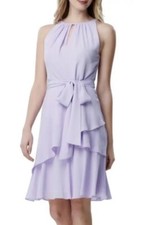 TAHARI Arthur SIZE 10 Bow Belted Tiered Ruffle Sleeveless Women Lilac Dress 