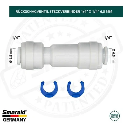 SMARALD® Steckverbinder mit Rückschlagventil 1/4" x 1/4" Quick&Easy Umkehrosmose Filter