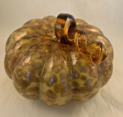 art glass pumpkin, swirled stem, yellow, metallic copper flecks, & brown, 6+''