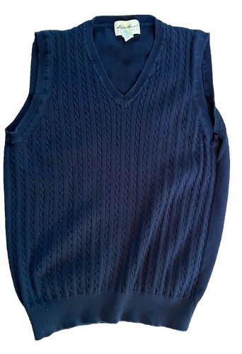 Eddie Bauer Sweater Vest Men Small Navy Blue V Neck Cable Knit Cotton Classic