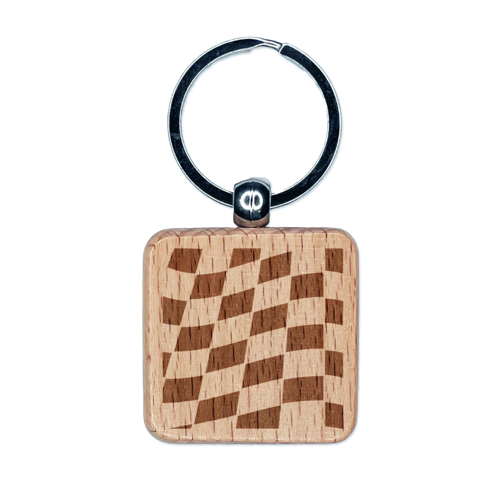 Waving Racing Checkered Flag Pattern Engraved Wood Square Keychain Tag Charm