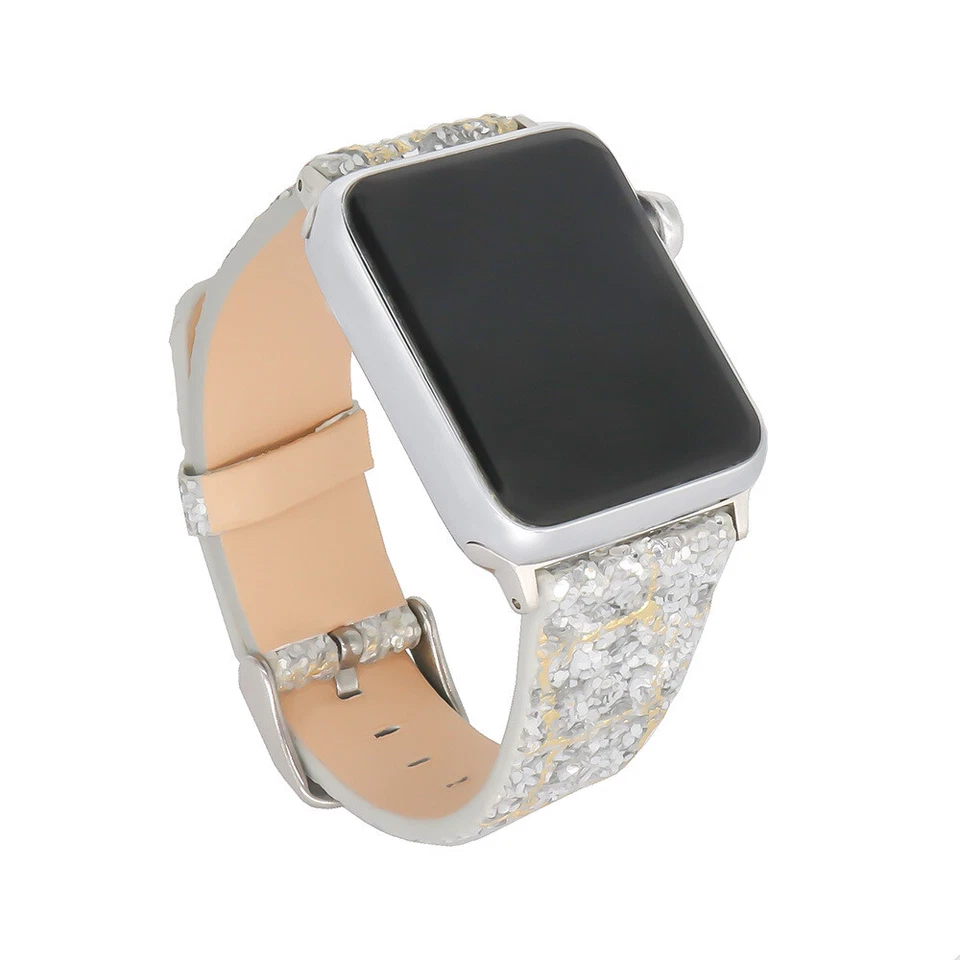 Correa de reloj de cuero plateada brillante para Apple Watch Series SE 6 5 4 3 2 1 Foto 4 de 4