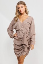 Tencel Deep V Neck Ruched Dress with Ruffle