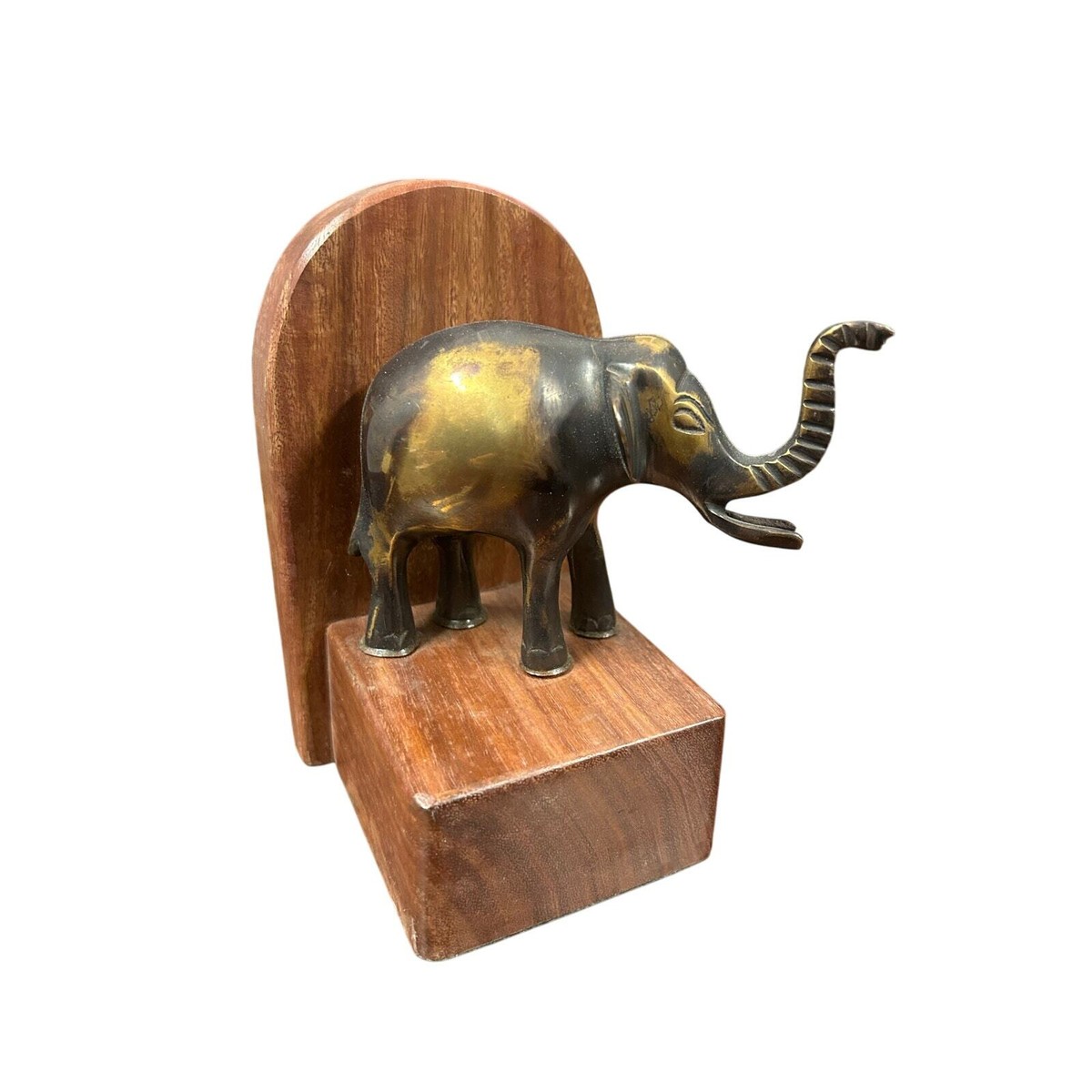 Vintage Single Brass Elephant Bookend Wood Base Trunks Up Made in 