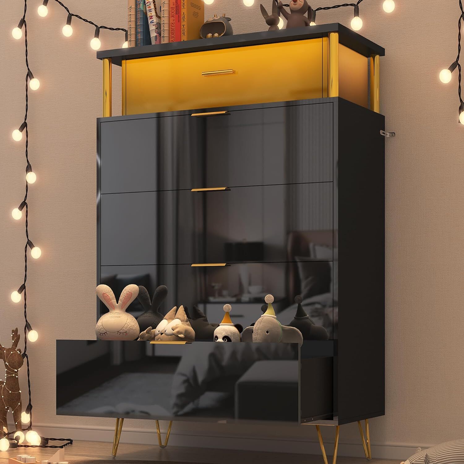 LED Bedroom Dresser with Tall Closet Storage 5 Drawer Dresser, Chest of