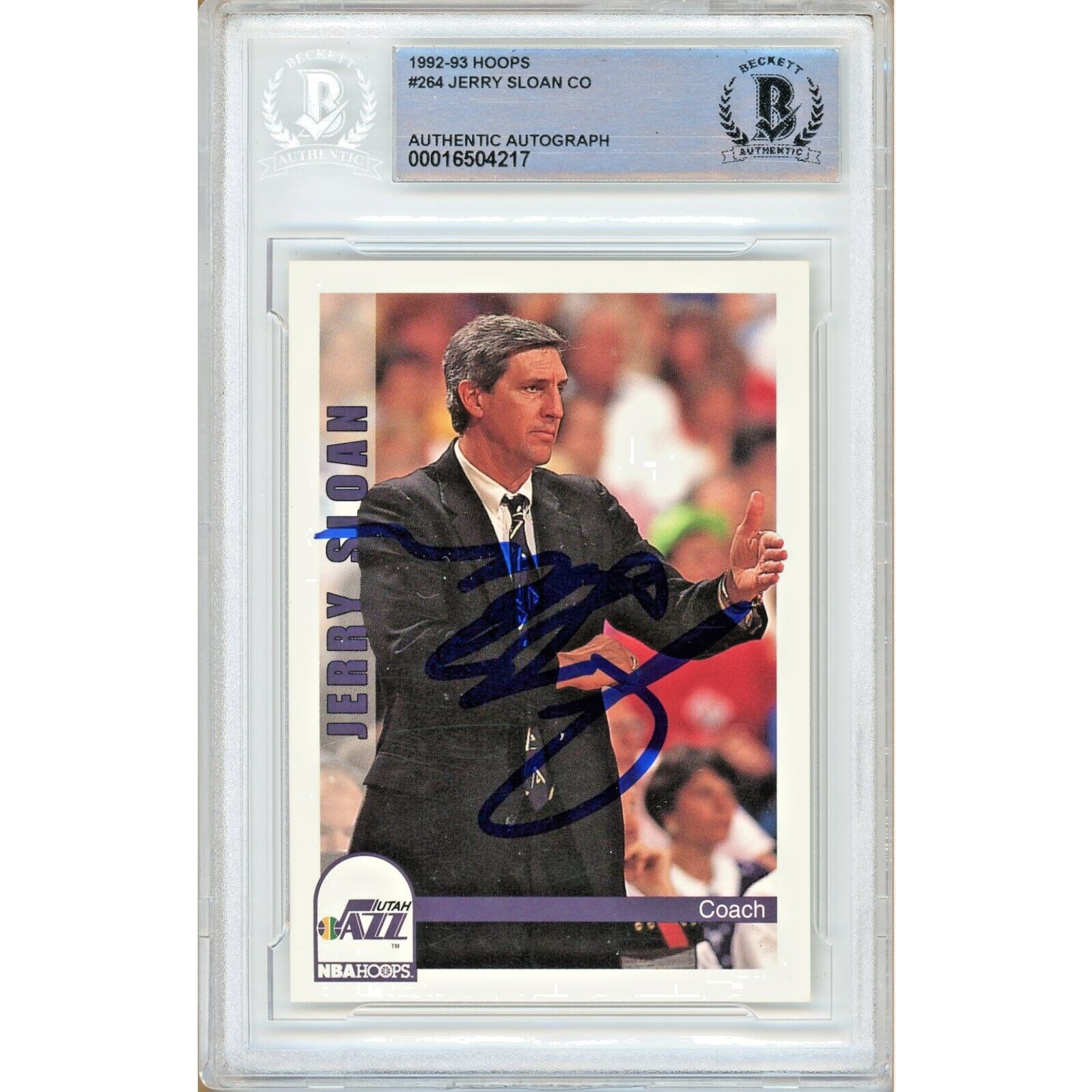 Jerry Sloan Utah Jazz Auto 1992-93 NBA Hoops 264 Beckett BAS Auth Autograph Slab