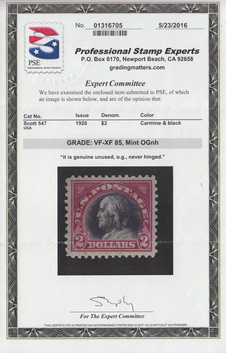 【317】のん 様 VF-XF 85 GRADED MINT NEVER HINGED #547 $5 FRANKLIN; POST OFFICE