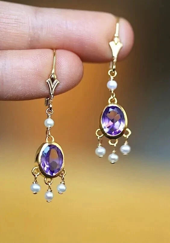 Vintage Lab Created Amethyst Pearl Dangle Earring 14K Yellow Gold Plated Silver - Image 2 of 4