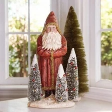New! Ragon House 16" Primitive Burgundy Red Belsnickle with BOTTLE BRUSH TREES