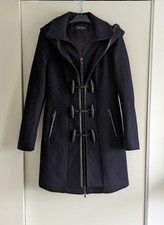 Mackage Navy Blue Wool Coat With Black Leather Detailing - Ladies Size Small Uk8