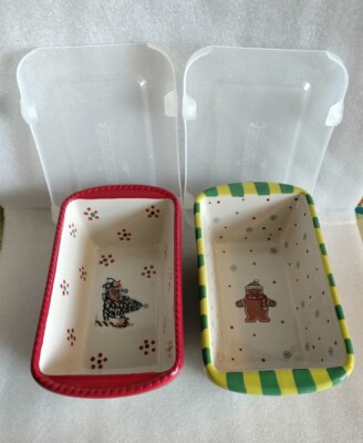 Temptations Mini Loaf Pans Christmas Tree Ginger Bread Snowman 12 oz Stoneware