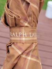 VTG Polo Ralph Lauren Umbrella/Parasol Wood  Leather Handle Brown Plaid Fabric