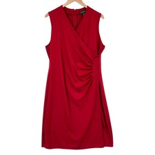 Lauren Ralph Lauren Red Pleated Jersey Dress XL Womens Faux Wrap Back Zipper