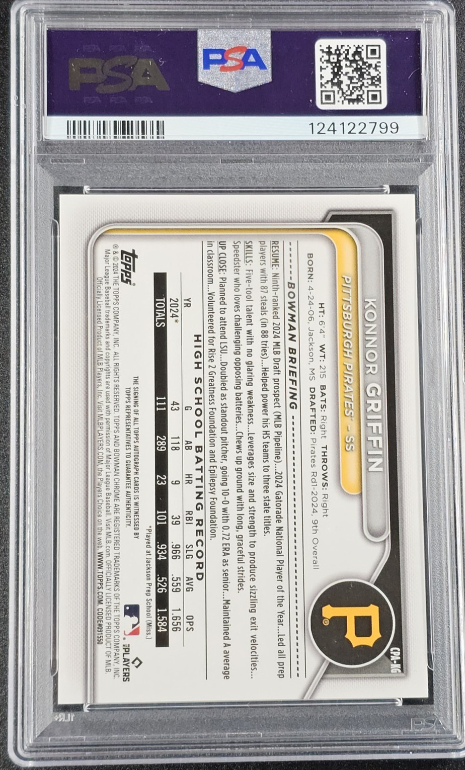 KONNOR GRIFFIN 2024 BOWMAN DRAFT CHROME 1ST AUTO YELLOW REFRACTOR /75 PSA 10 view 2