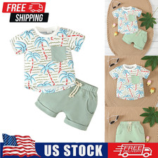 Toddler Baby Boys Summer Vacation Style Short-sleeved Top Drawstring Shorts Set