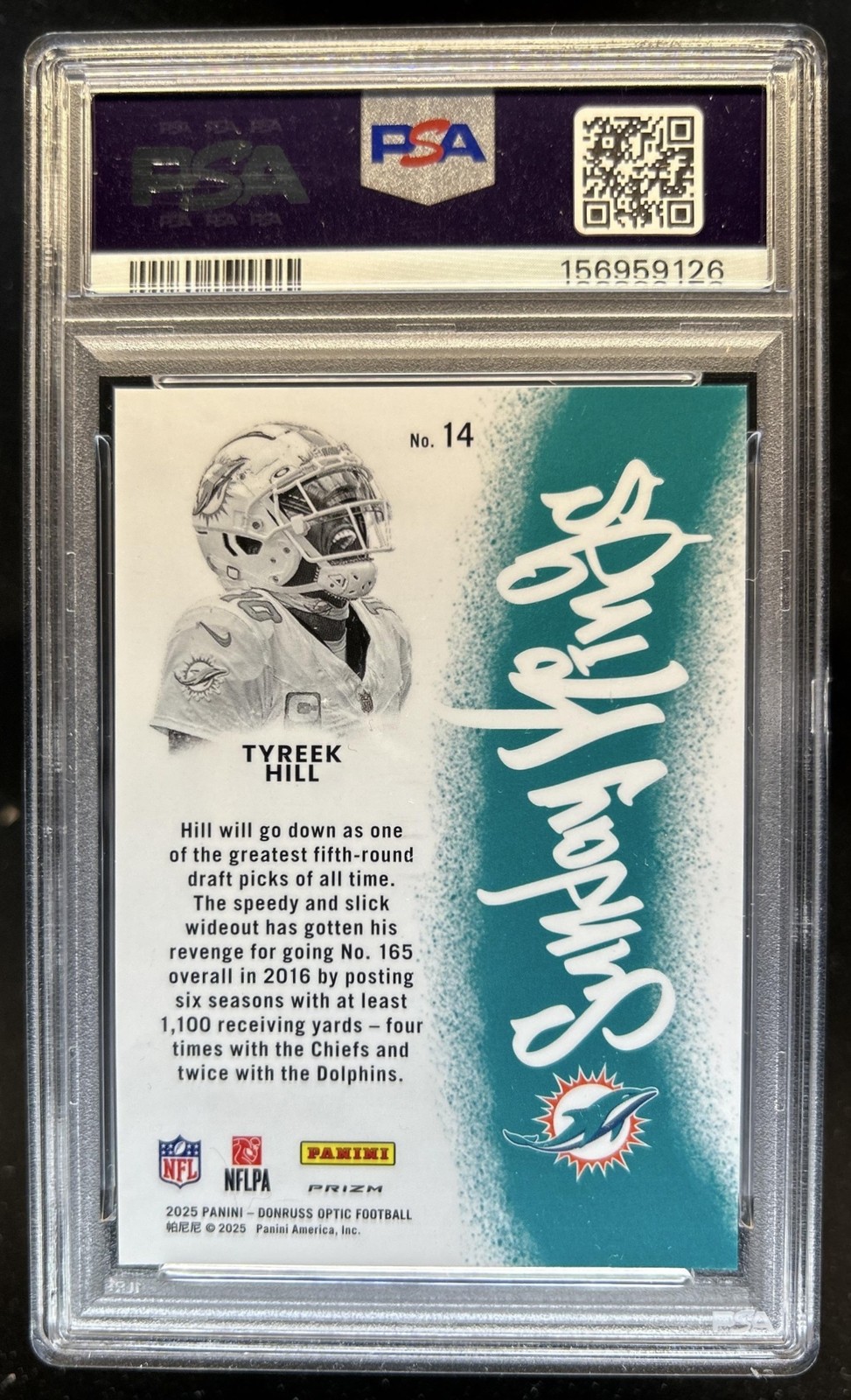 2025 Panini Donruss Optic Tyreek Hill Sunday Kings #14 Dolphins PSA 9 view 2