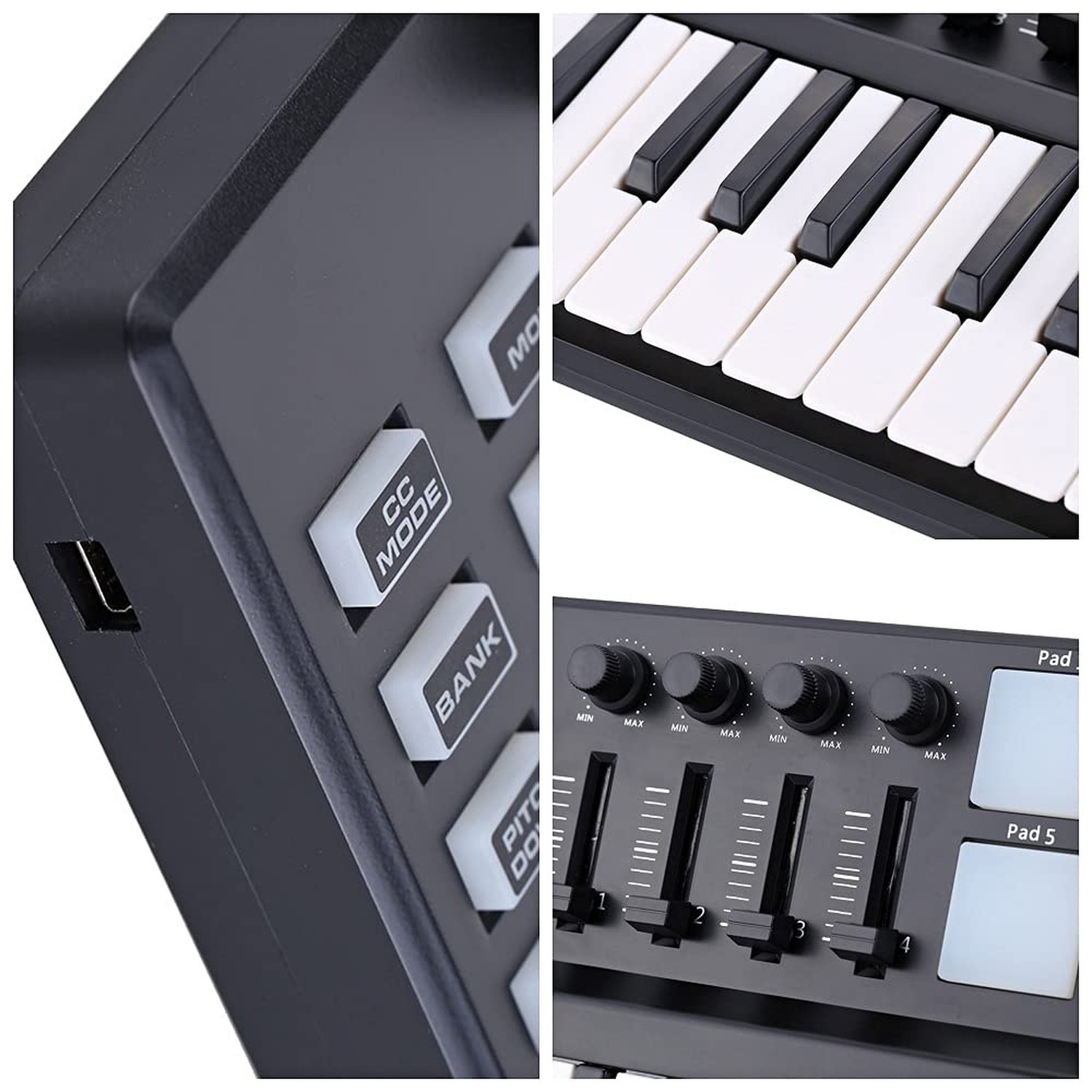Mini 25-Key Midi Keyboard Controller With 8 Velocity-Sensitive Drum Pads, Por...
