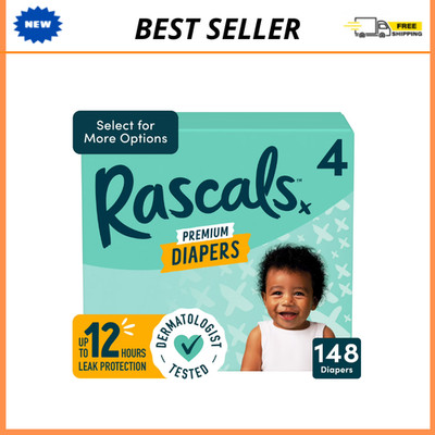 Rascals Premium Baby Diapers, Size 4 (22-33 lbs), 148 Count, Absorbent Value Box