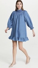 RIXO Azalea Denim Mini Dress Size M Blue Smocked Puff Sleeve NEW