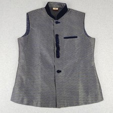 Manyavar Nehru Jacket Men's Size L 40 Blue Gold Jacquard Ethnic Waistcoat Vest