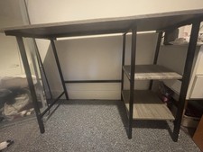 Industrial Grey Wood Grain Computer Desk, Black Metal Frame, 2 Shelves