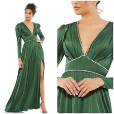 Mac Duggal 55702 Emerald Green Rhinestone Trim Puff Sleeve Gown size 14 UB