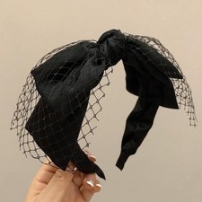 Black Knotted Bow Headband Non Slip Wide Mesh Elastic Big Bowknot Hair Band