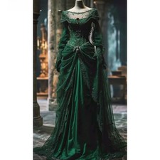 Green Prom Dress Long Sleeves Ruched A-Line Long Tulle Masquerade Dress Custom