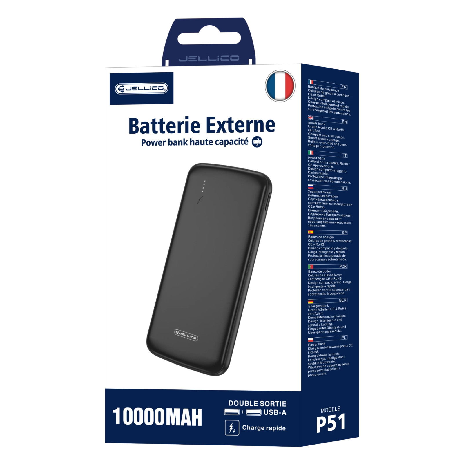 Batterie Externe 10000mAh 37W avec Double Port USB-C et USB-A - Modèle Slim Noir