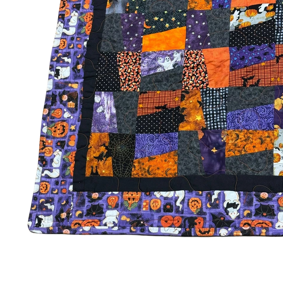 Handmade Halloween Patchwork Quilt Throw Blanket Cats Bats Ghosts Pumpkins - Image 2 of 4