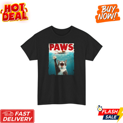 Paws T-Shirt Funny Cat Jaws Parody Graphic Tee Cute Kitty Humor Unisex Size S-5X