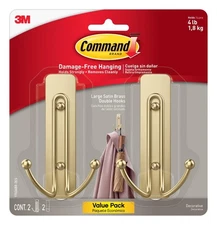 Large Satin Brass Double Hooks, 2 Coat Hooks and 2 Strips, Damage-Free Hangin...