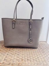Michael Kors Jet Set Staffiano Leather Top-Zip Tote Bag - Gray