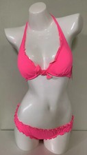 NEW Victoria's Secret Capri Ruffle Halter Top Cheeky Bottom Swim Set Hot Pink
